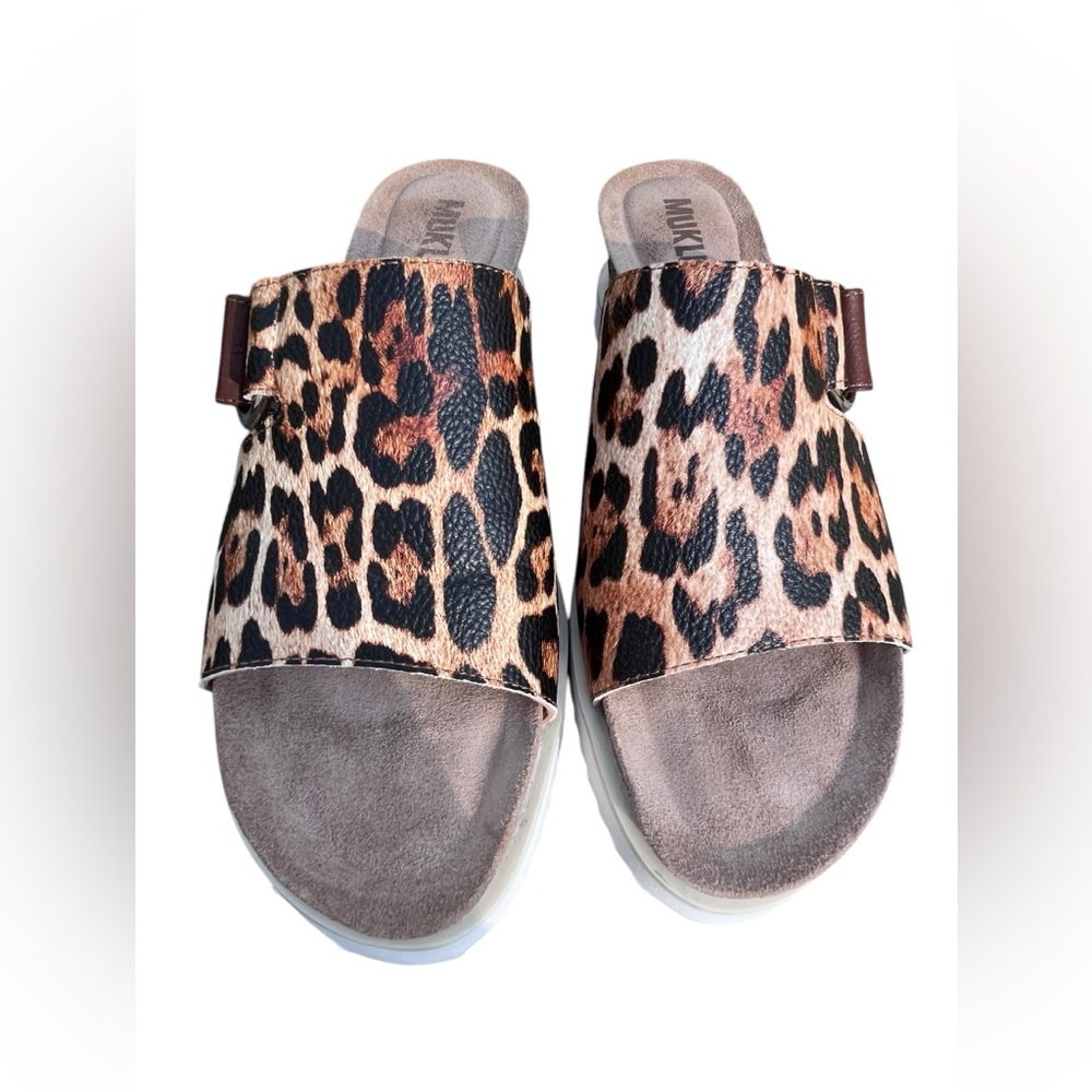 Muk Luks Leopard Print Slide Sandals Size 8 Cork Footbed Comfort Wedge - Picture 2 of 8